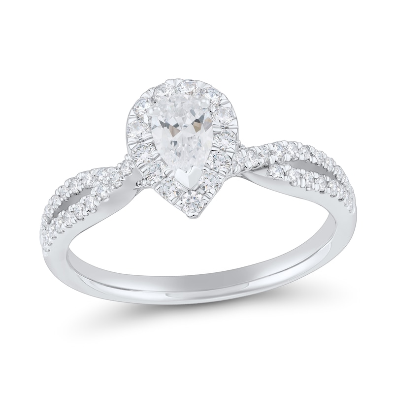 0.69 CT. T.W. Pear-Shaped Certified Diamond Frame Twist Shank Engagement Ring in Platinum|Peoples Jewellers