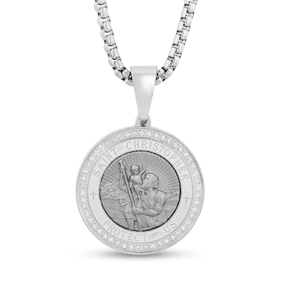 0.23 CT. T.W. Diamond St. Christopher Medallion Necklace Charm in Stainless Steel