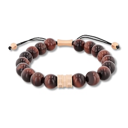 Tiger's Eye and Rose Ion-Plated Stainless Steel Beaded Bolo Bracelet - 8.5&quot;