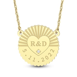 22.0mm Diamond Accent Engravable Sunray with Heart Scallop Disc Necklace (2 Lines)