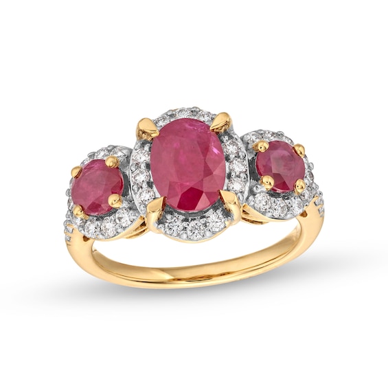 Certified Ruby and 0.50 CT. T.W. Certified Lab-Created Diamond Framed Three-Stone Ring in 1OK Gold