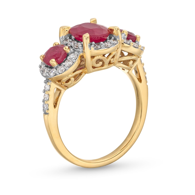 Certified Ruby and 0.50 CT. T.W. Certified Lab-Created Diamond Framed Three-Stone Ring in 1OK Gold|Peoples Jewellers
