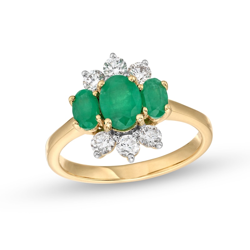 Oval Emerald and 0.50 CT. T.W. Certified Lab-Created Diamond Three-Stone Ring in 1OK Gold|Peoples Jewellers