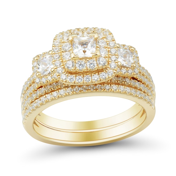 1.45 CT. T.W. Princess-Cut Diamond Past Present Future® Double Cushion Frame Bridal Set in 14K Gold