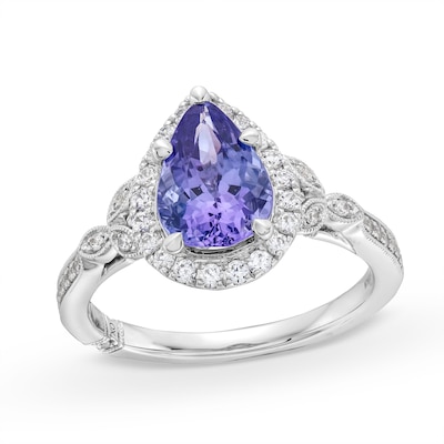 Monique Lhuillier Bliss Pear-Shaped Tanzanite and 0.36 CT. T.W. Frame Engagement Ring in 14K White Gold