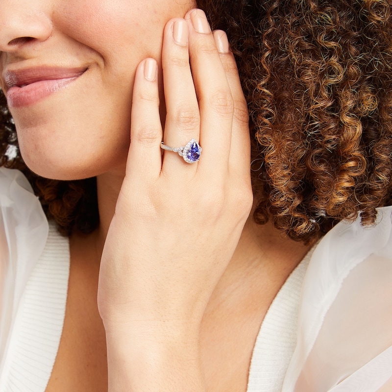 Monique Lhuillier Bliss Pear-Shaped Tanzanite and 0.36 CT. T.W. Frame Engagement Ring in 14K White Gold