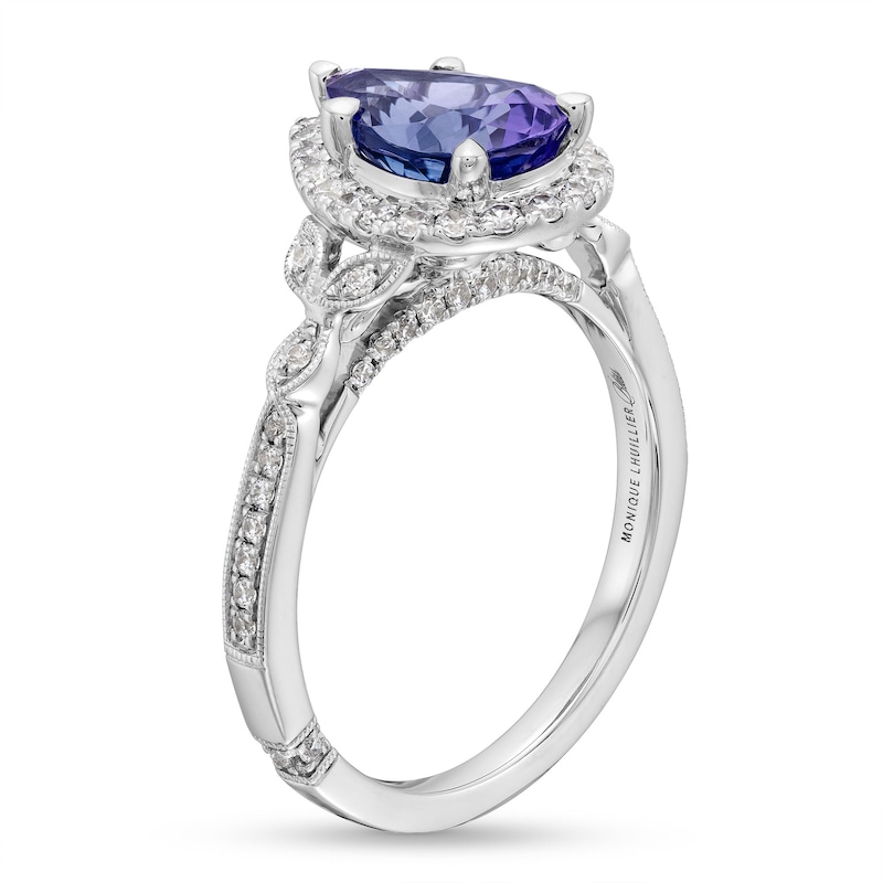 Monique Lhuillier Bliss Pear-Shaped Tanzanite and 0.36 CT. T.W. Frame Engagement Ring in 14K White Gold