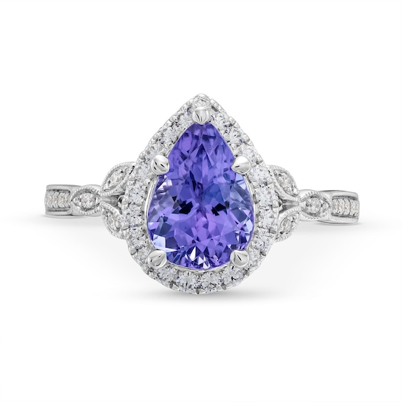 Monique Lhuillier Bliss Pear-Shaped Tanzanite and 0.36 CT. T.W. Frame Engagement Ring in 14K White Gold