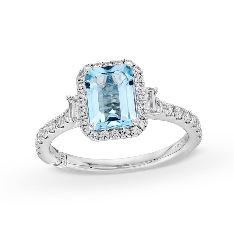 Monique Lhuillier Bliss Emerald-Cut Aquamarine and 0.45 CT. T.W. Frame Engagement Ring in 14K White Gold|Peoples Jewellers