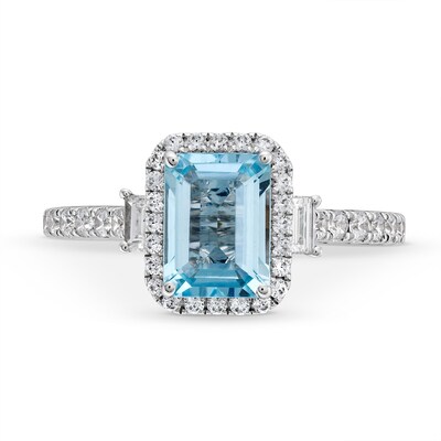 Monique Lhuillier Bliss Emerald-Cut Aquamarine and 0.45 CT. T.W. Frame Engagement Ring in 14K White Gold