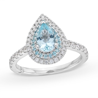 Monique Lhuillier Bliss Pear-Shaped Aquamarine and 0.45 CT. T.W. Double Frame Engagement Ring in 14K White Gold