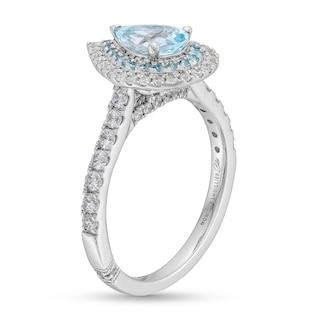 Monique Lhuillier Bliss Pear-Shaped Aquamarine and 0.45 CT. T.W. Double Frame Engagement Ring in 14K White Gold