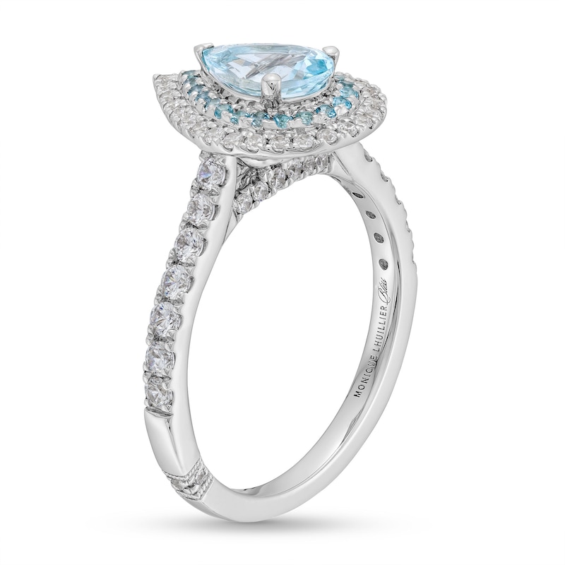 Monique Lhuillier Bliss Pear-Shaped Aquamarine and 0.45 CT. T.W. Double Frame Engagement Ring in 14K White Gold|Peoples Jewellers