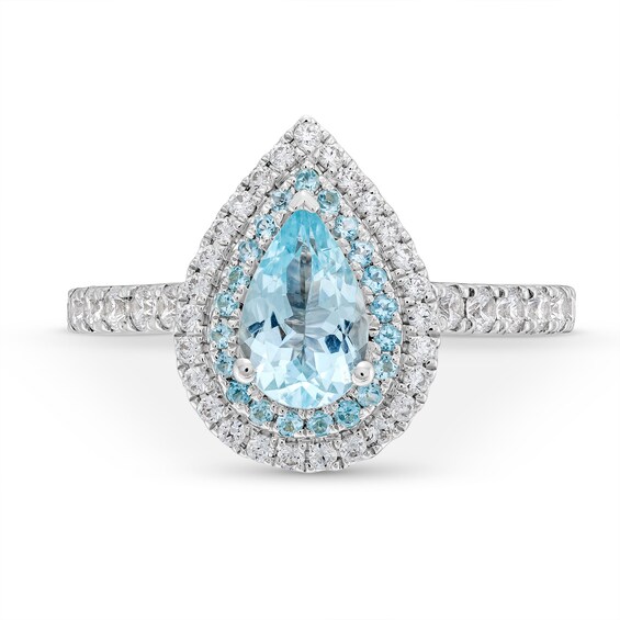 Monique Lhuillier Bliss Pear-Shaped Aquamarine and 0.45 CT. T.W. Double Frame Engagement Ring in 14K White Gold