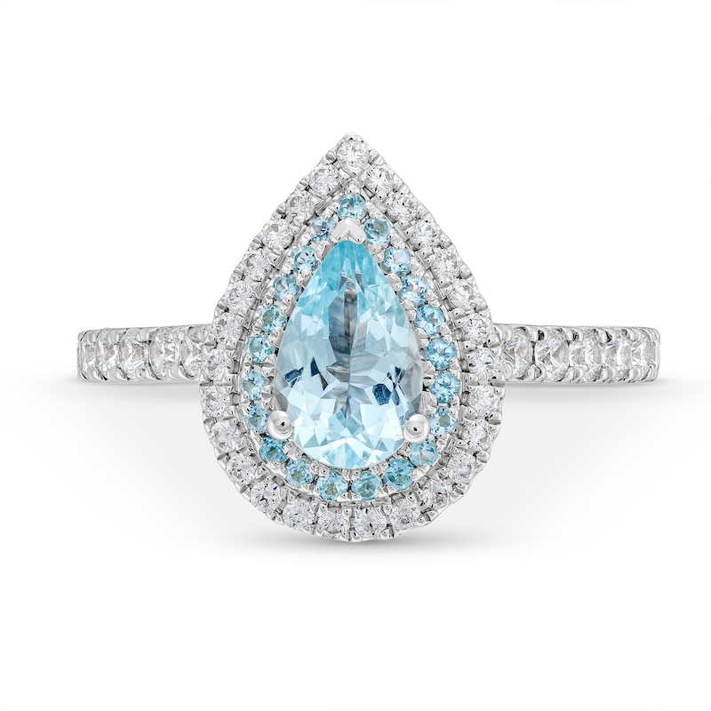 Monique Lhuillier Bliss Pear-Shaped Aquamarine and 0.45 CT. T.W. Double Frame Engagement Ring in 14K White Gold