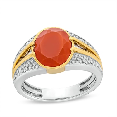 Bezel-Set Oval Red Agate Solitaire Split Shank Ring in Sterling Silver and 10K Gold