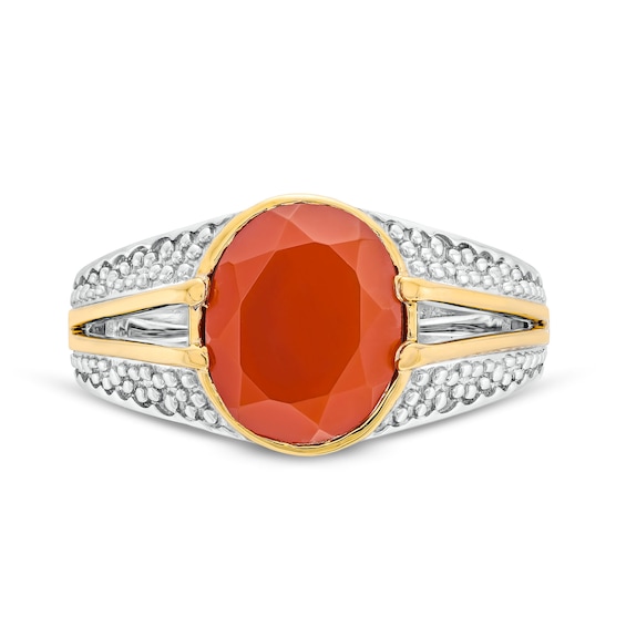 Bezel-Set Oval Red Agate Solitaire Split Shank Ring in Sterling Silver and 10K Gold