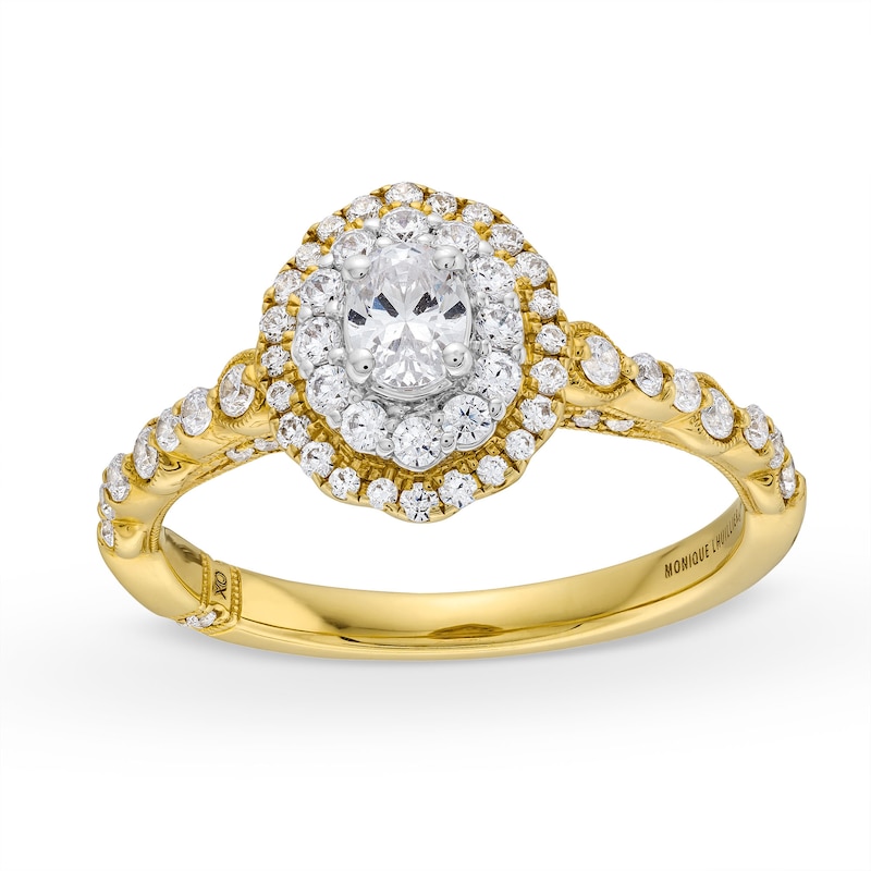 Monique Lhuillier Bliss 0.69 CT. T.W. Diamond Oval Double Frame Engagement Ring in 18K Gold|Peoples Jewellers
