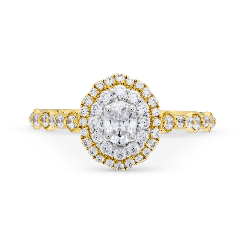 Monique Lhuillier Bliss 0.69 CT. T.W. Diamond Oval Double Frame Engagement Ring in 18K Gold|Peoples Jewellers