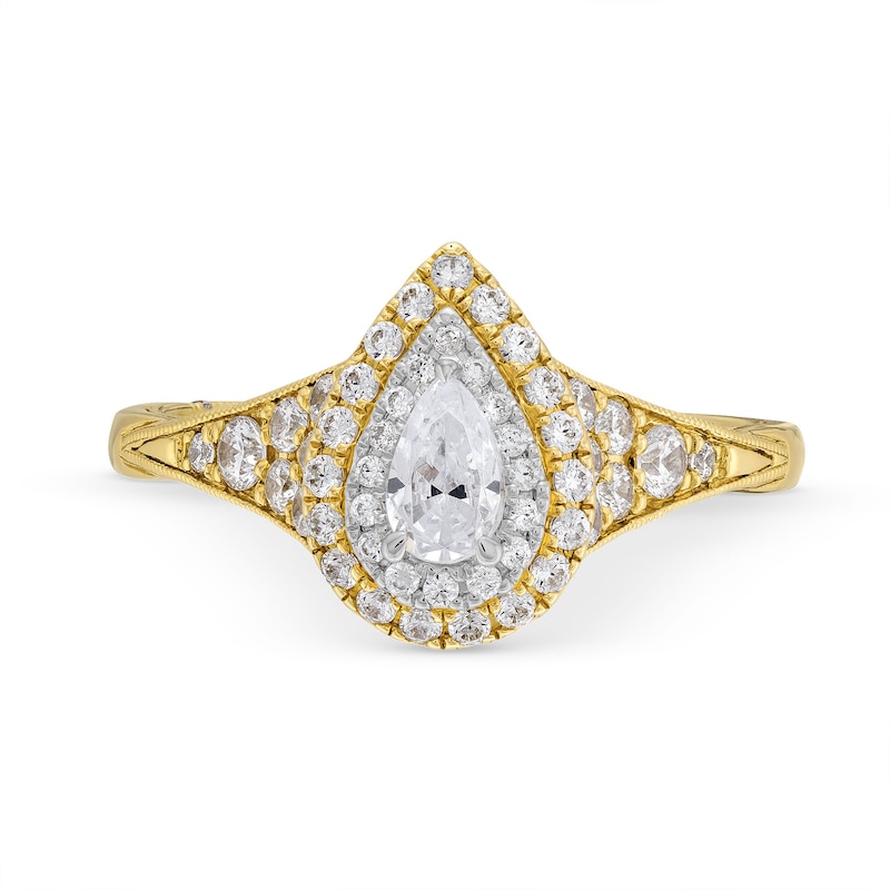 Monique Lhuillier Bliss 0.69 CT. T.W. Diamond Pear-Shaped Double Frame Engagement Ring in 18K Gold|Peoples Jewellers
