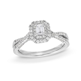 0.75 CT. Emerald-Cut Canadian Certified Diamond Double Framed Engagement Ring in 14K White Gold (I/SI2)