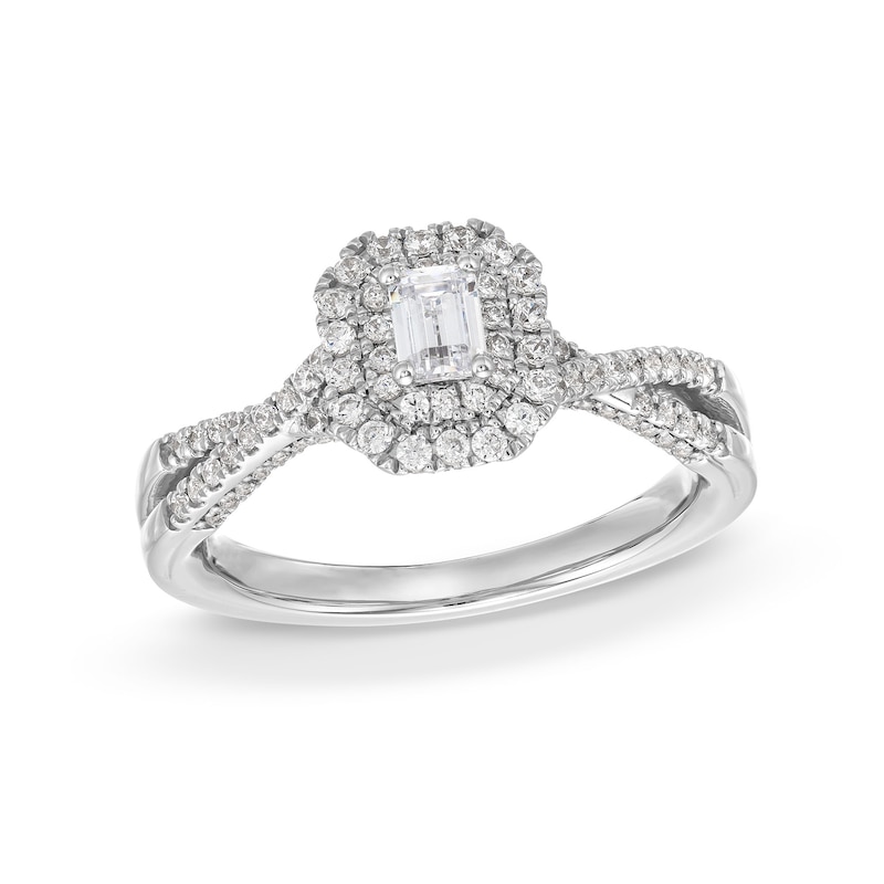 0.75 CT. Emerald-Cut Canadian Certified Diamond Double Framed Engagement Ring in 14K White Gold (I/SI2)|Peoples Jewellers