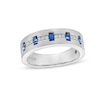 Vera Wang Love Collection Men's Baguette Blue Sapphire and 0.115 CT. T.W. Diamond Band in 14K White Gold