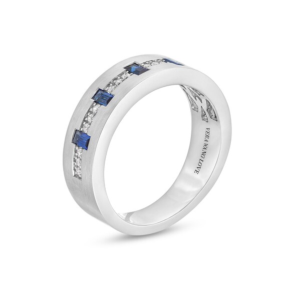 Vera Wang Love Collection Men's Baguette Blue Sapphire and 0.115 CT. T.W. Diamond Band in 14K White Gold