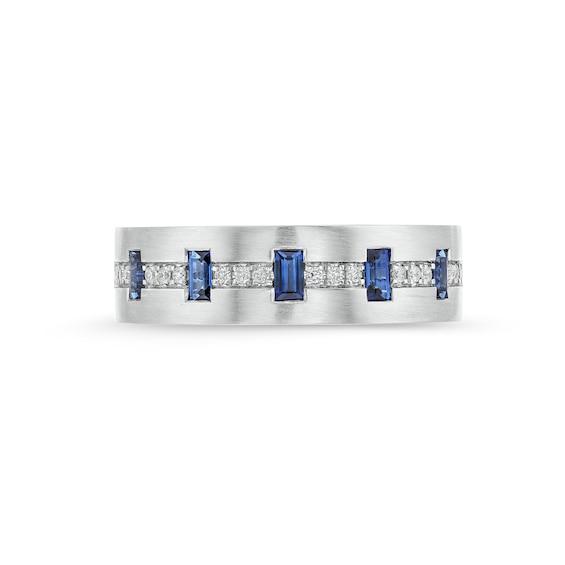 Vera Wang Love Collection Men's Baguette Blue Sapphire and 0.115 CT. T.W. Diamond Band in 14K White Gold