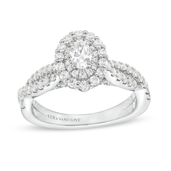 Vera Wang Love Collection 0.95 CT. T.W. Oval Diamond Double Frame Twist Shank Engagement Ring in 14K White Gold