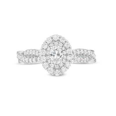 Vera Wang Love Collection 0.95 CT. T.W. Oval Diamond Double Frame Twist Shank Engagement Ring in 14K White Gold