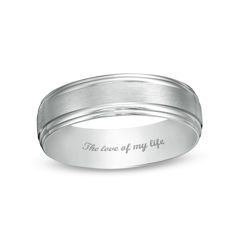 Main Image 1 of Men's 6.0mm Engravable Stepped Edge Satin-Finish Comfort-Fit Wedding Band in 14K White Gold (1 Line)