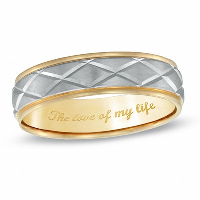 Men's 6.0mm Engravable Argyle Pattern Satin-Finish Comfort-Fit Wedding Band in 10K Two-Toned Gold (1 Line)