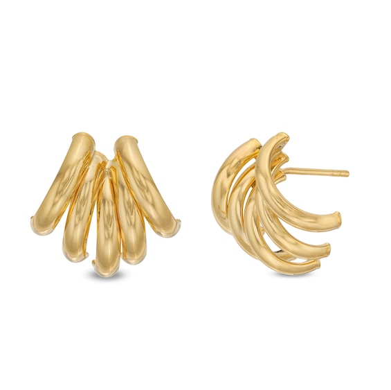 Italian Gold Fan Button Stud Earrings Hollow 18K Gold