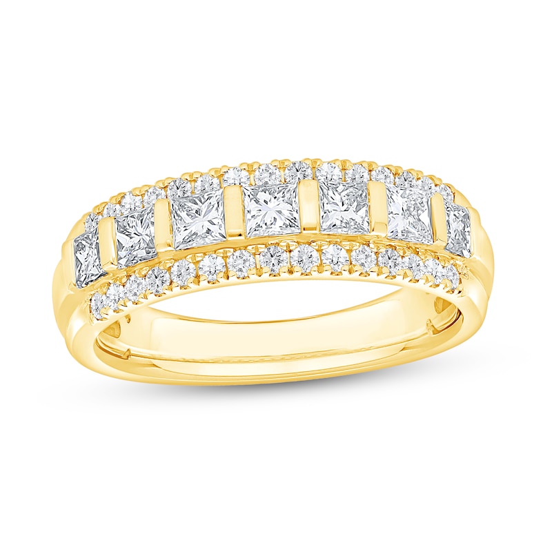 0.95 CT. T.W. Princess-Cut and Round Diamond Border Triple Row Anniversary Band in 14K Gold|Peoples Jewellers