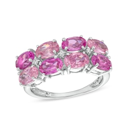 Sideways Oval Pink and White Lab-Created Sapphire Alternating Double Row Ring in Sterling Silver