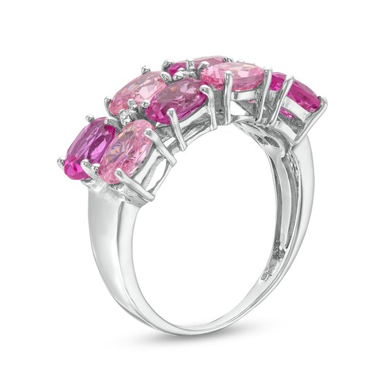 Sideways Oval Pink and White Lab-Created Sapphire Alternating Double Row Ring in Sterling Silver