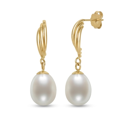 8.0mm Oval Freshwater Cultured Pearl Feather Drop Earrings in 14K Gold