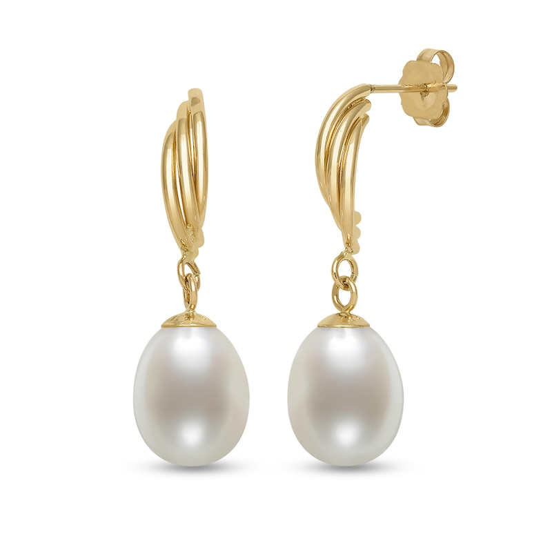 8.0mm Oval Freshwater Cultured Pearl Feather Drop Earrings in 14K Gold