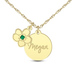 Engravable Disc with Birthstone Flower Charm Pendant (1 stone and Line)