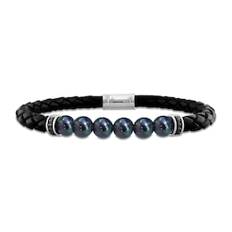 Men’s 0.11 Black Diamond and Black Tahitian Cultured Pearl Bracelet in Leather and Sterling Silver