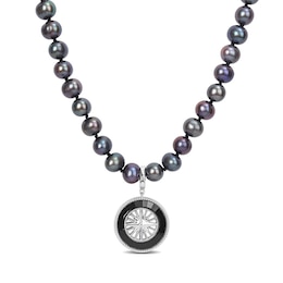 Men's 7.0-7.5mm Black Tahitian Cultured Pearl Compass Necklace in Sterling Silver