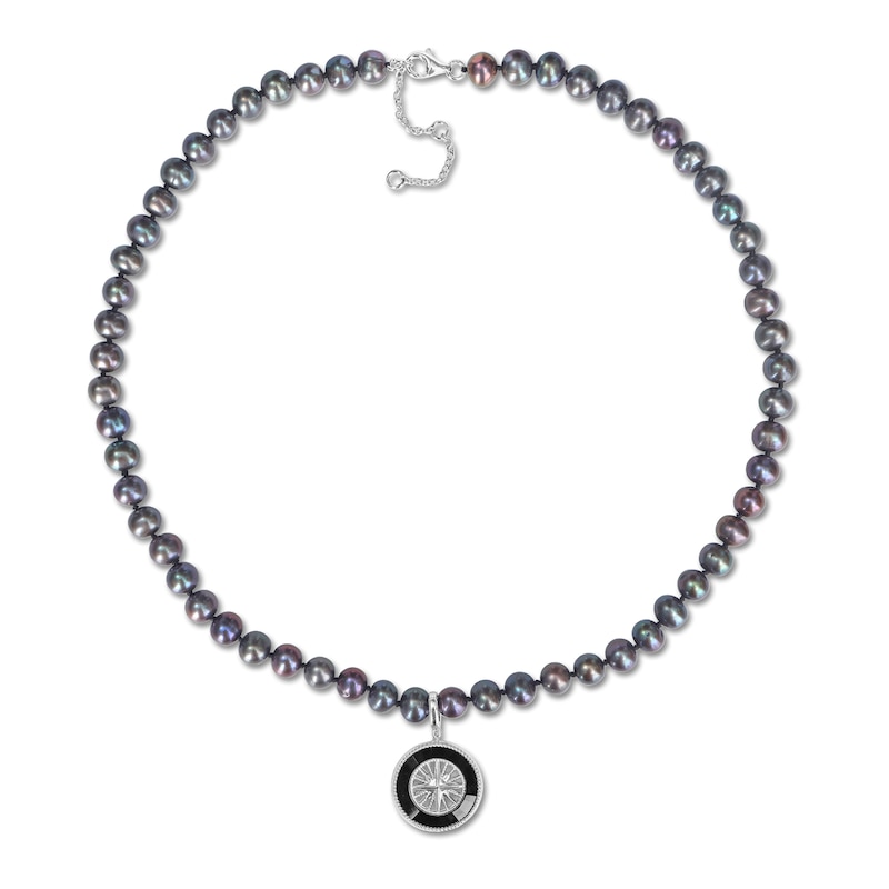 Men's 7.0-7.5mm Black Tahitian Cultured Pearl Compass Necklace in Sterling Silver|Peoples Jewellers