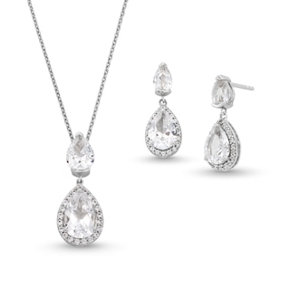 Pear-Shaped White Lab-Created Sapphire Double Teardrop Pendant and Earrings Set in Sterling Silver