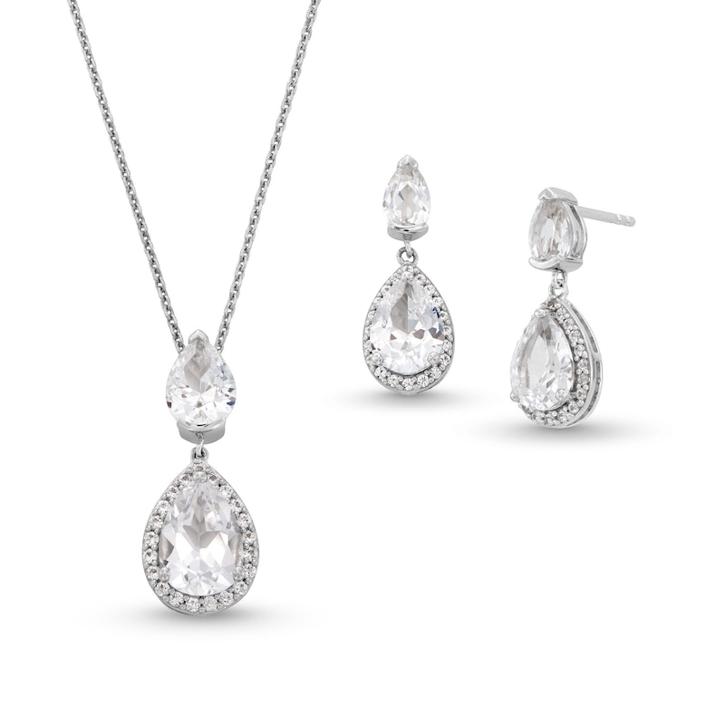 Pear-Shaped White Lab-Created Sapphire Double Teardrop Pendant and Earrings Set in Sterling Silver