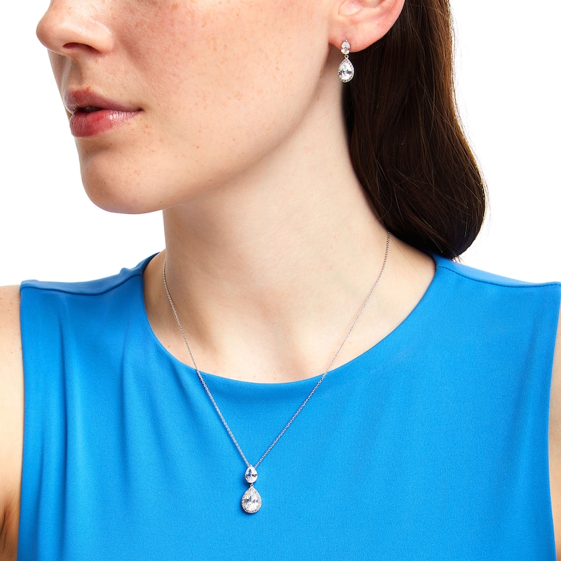 Pear-Shaped White Lab-Created Sapphire Double Teardrop Pendant and Earrings Set in Sterling Silver