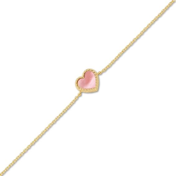 6.0mm Heart-Shaped Pink and White Mother-of-Pearl Frame Reversible Bracelet in 14K Gold - 7.25"