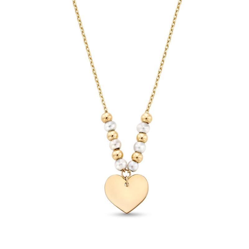 Alternating 3.0mm Freshwater Cultured Pearl and Bead with Heart-Shaped Disc Necklace in 14K Gold|Peoples Jewellers