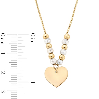 Alternating 3.0mm Freshwater Cultured Pearl and Bead with Heart-Shaped Disc Necklace in 14K Gold