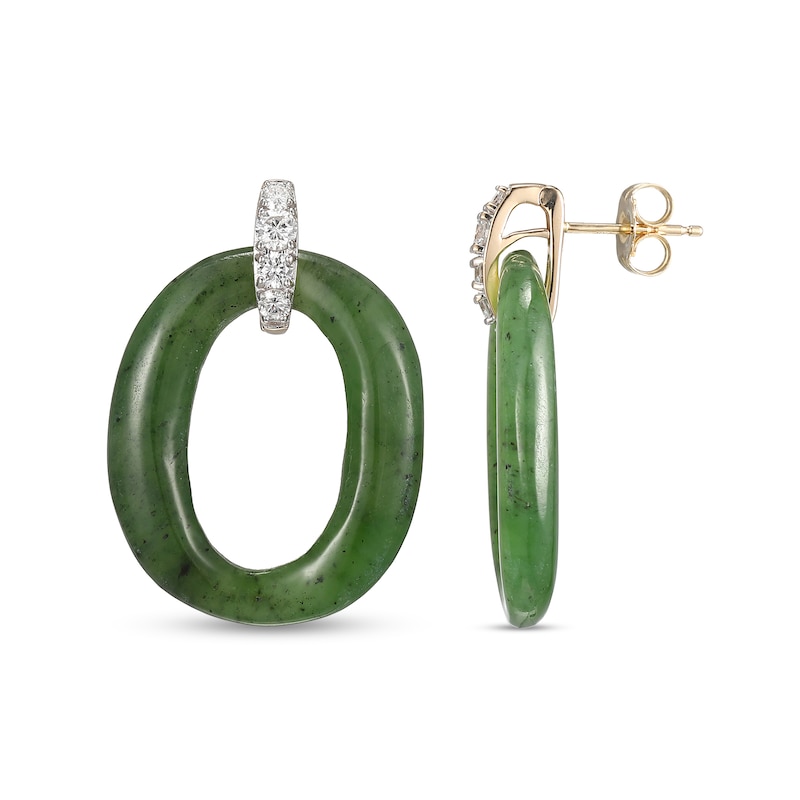 Jade and 0.40 CT. T.W. Diamond Oval Drop Earrings in 18K Gold